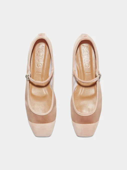 Fashion Aeyde Uma Satin Toe-Cap Mary-Jane Flats Peach Satin/Suede